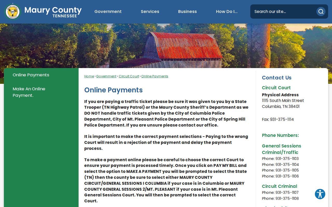 Maury County traffic warrant records: county payment page court-selection warning