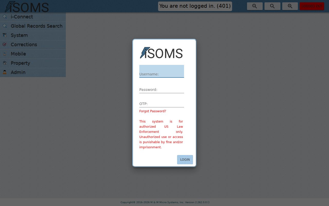Maury County warrant records: logged-out iSOMS login screen, not a public search