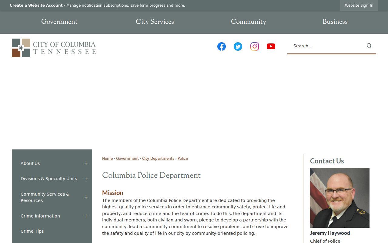 Columbia warrant records: official Police Department contact page