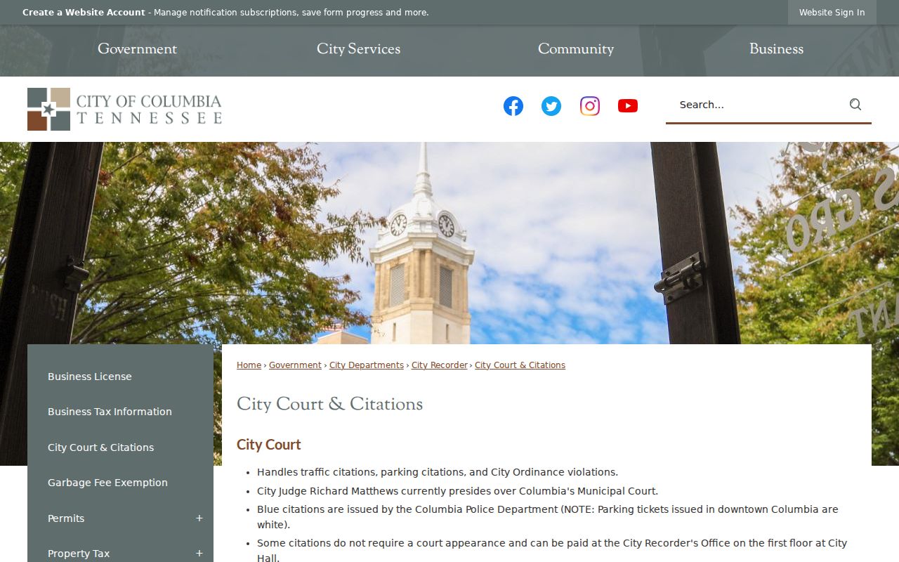 Columbia warrant records: official city citation color and agency routing page