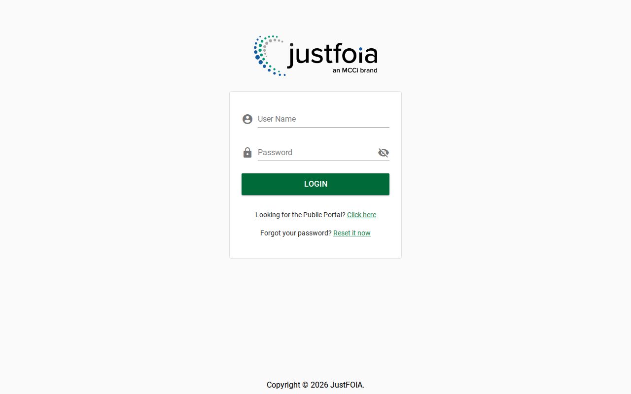 Spring Hill warrant records: blank JustFOIA public records request landing page