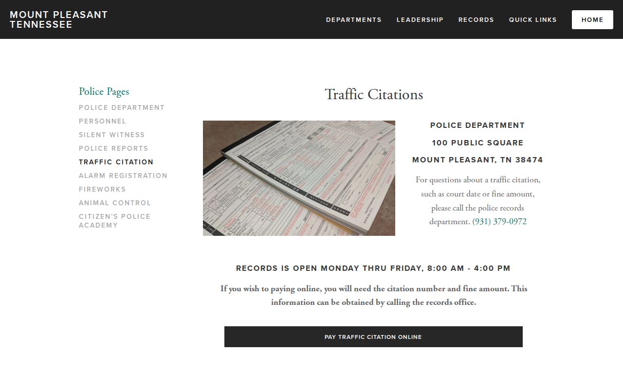 Mount Pleasant warrant records: citation number and fine routing instructions
