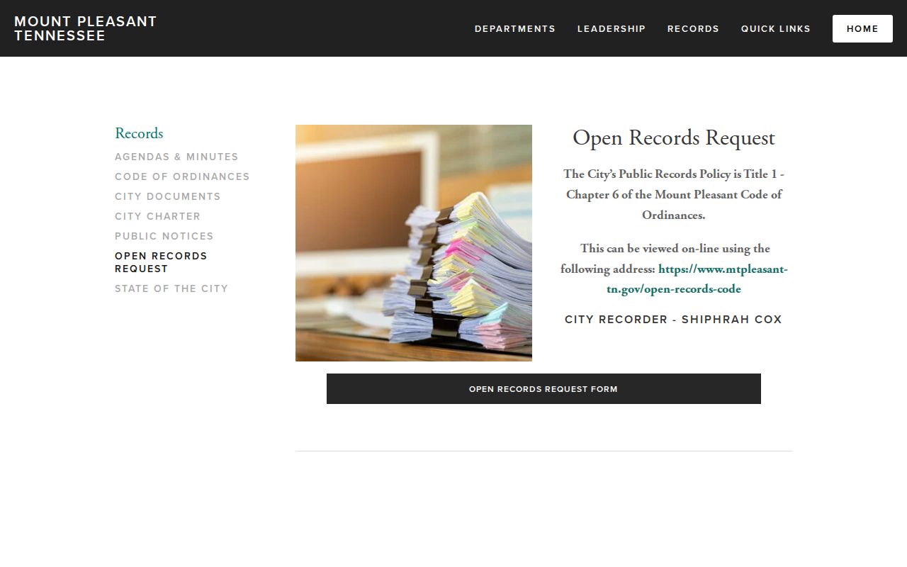 Mount Pleasant warrant records: official city open-records policy and form link