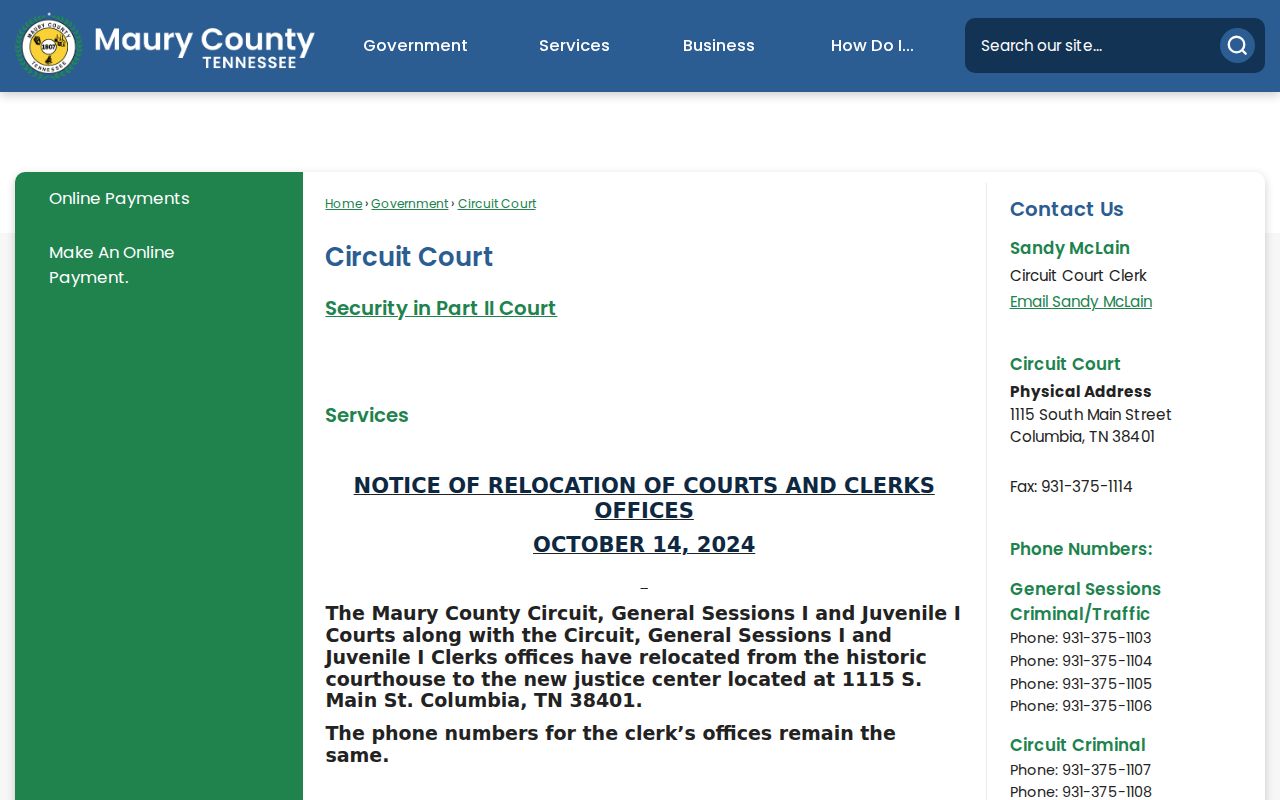 Maury County warrant records: Justice Center court office information