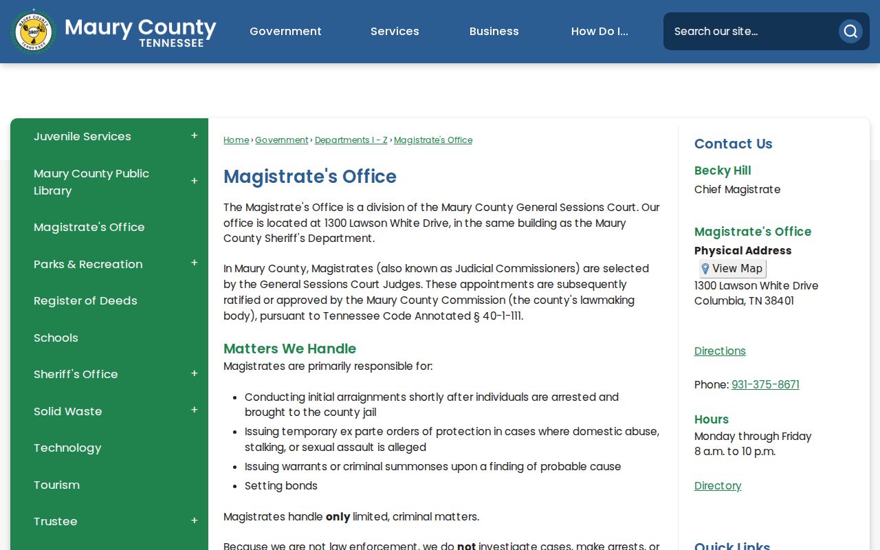 Maury County warrant records: Magistrates Office warrant and summons filing instructions